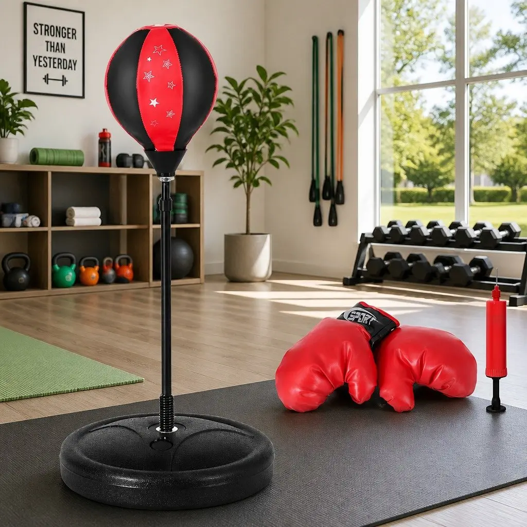 Kids Boxing Bag Stand Set Red Height Adjustable Freestanding Punching Bag with Inflatable Ball and Gloves