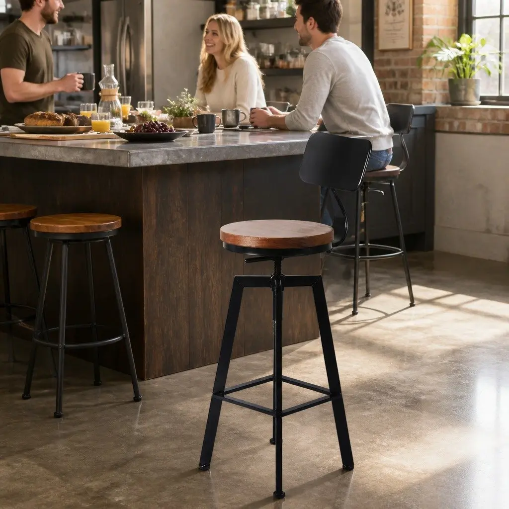 Bar Stool Kitchen Counter Height Swivel Adjustable Wooden Metal Seat 70-88cm