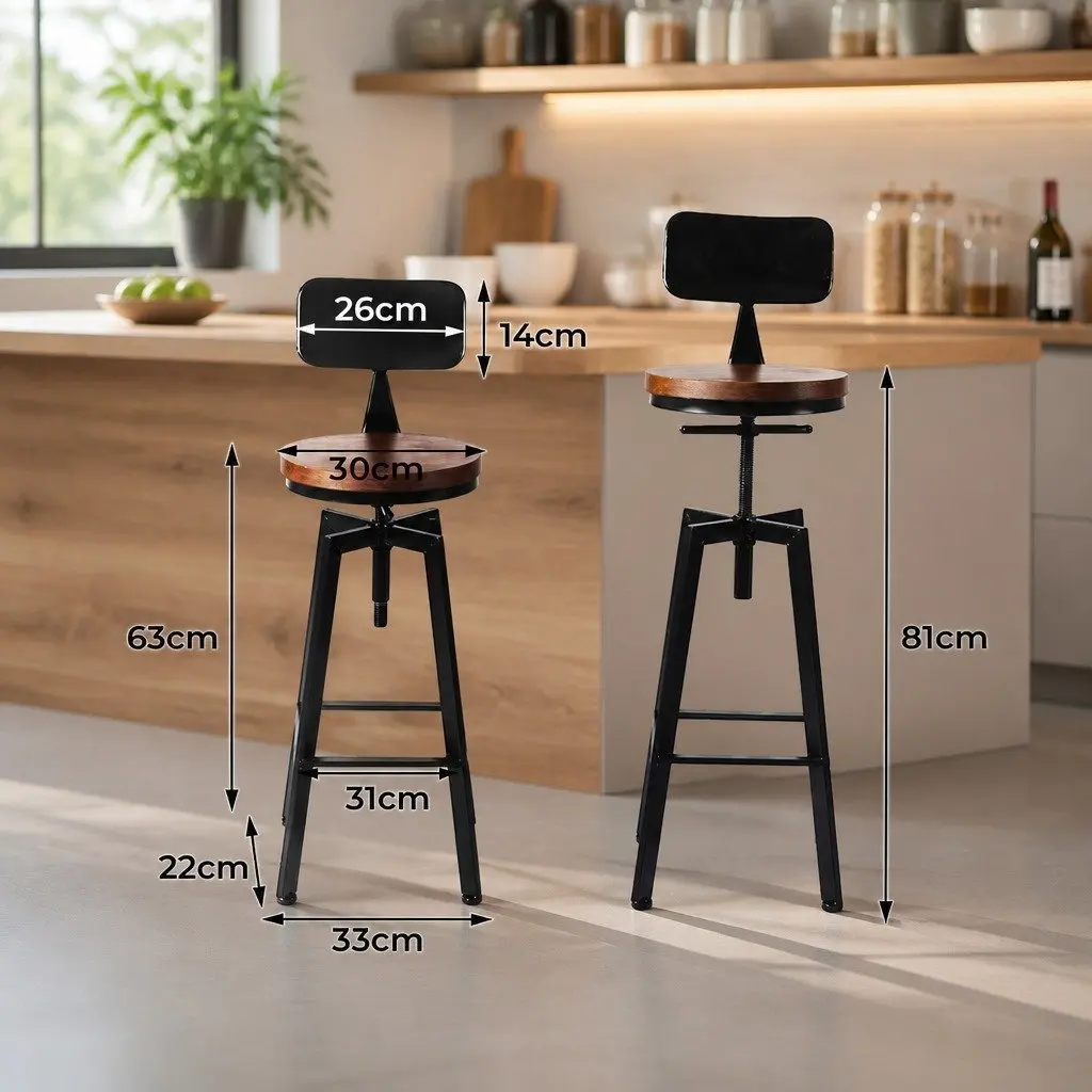 Bar Stool Kitchen Counter Height Swivel Adjustable Wooden Metal Seat 70-88cm