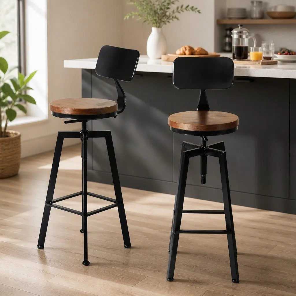 Bar Stool Kitchen Counter Height Wooden Seat Swivel Adjustable Metal Frame Set 4