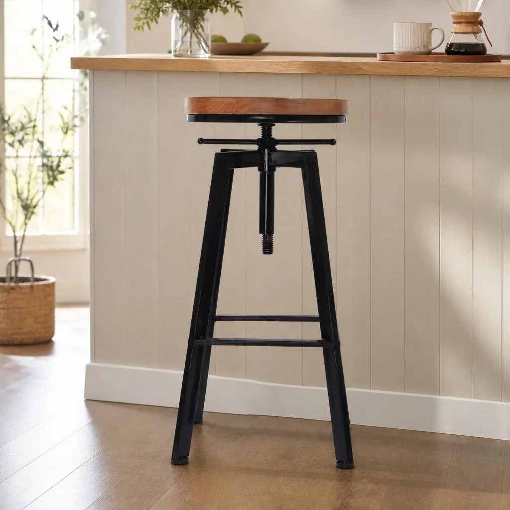 Industrial Bar Stools Wooden Metal Retro Style Adjustable Height Swivel Seat 2 Piece Set