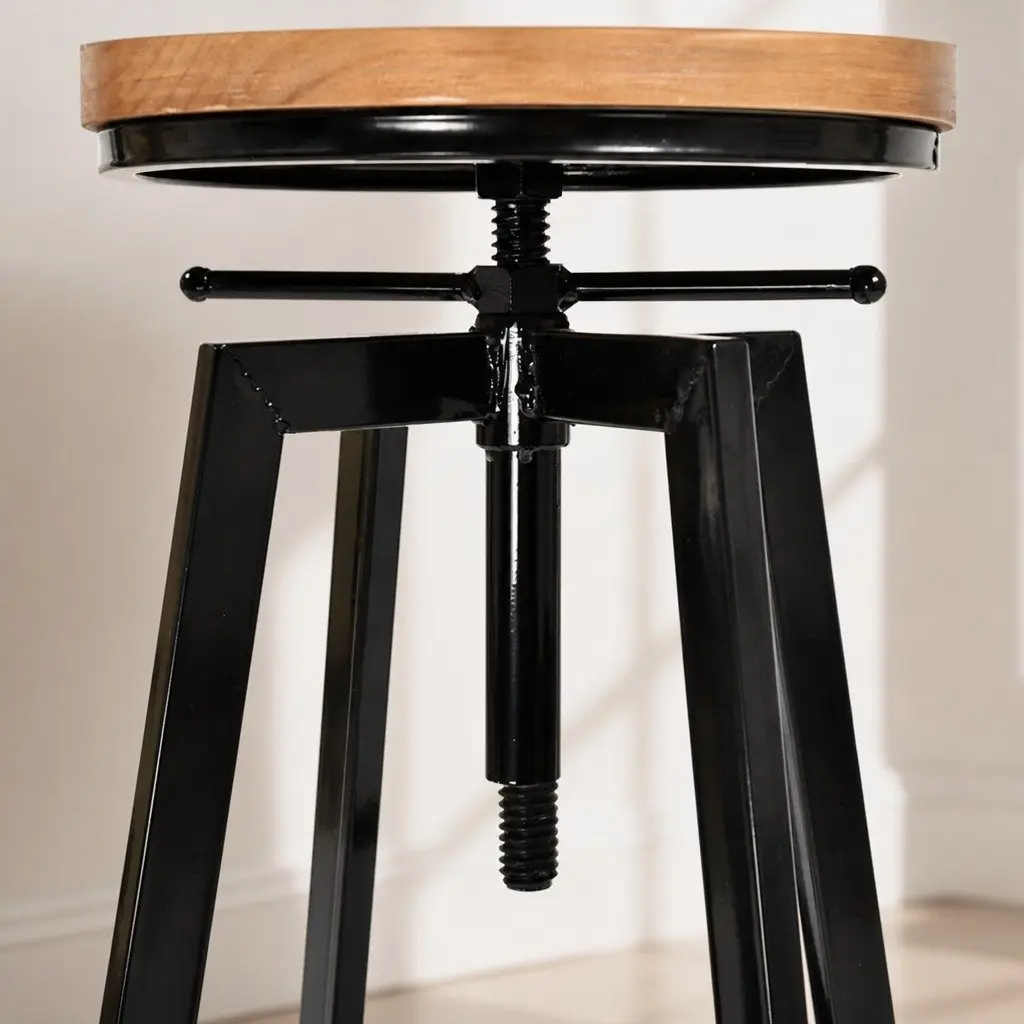 Industrial Bar Stools Wooden Metal Retro Style Adjustable Height Swivel Seat 2 Piece Set