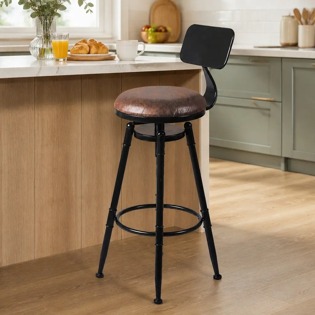 Bar Stool Kitchen Counter Height Swivel Adjustable Wooden PU Seat Footrest