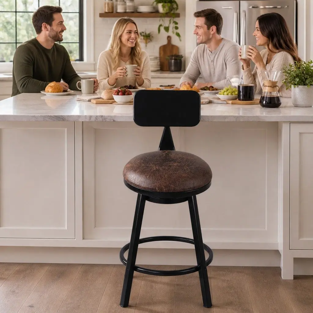 Industrial Bar Stool Brown Adjustable Height 360-Degree Swivel Footrest