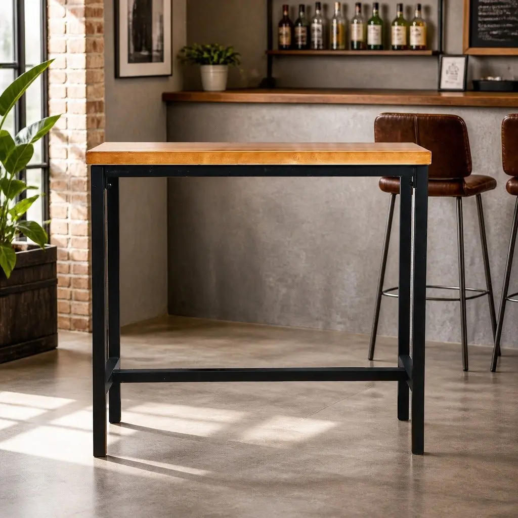 High Bar Table Solid Wood Steel Frame Industrial Cafe Kitchen Dining Furniture