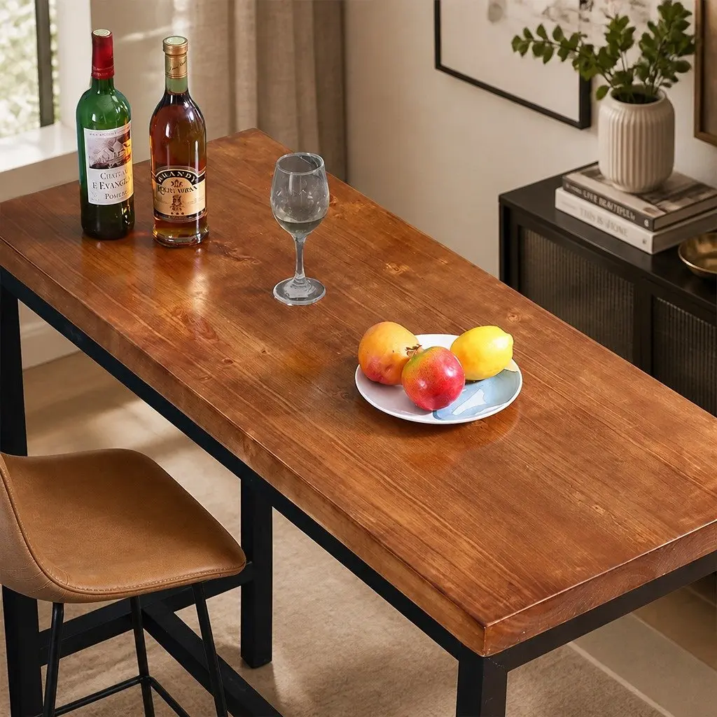 High Bar Table Solid Wood Steel Frame Industrial Cafe Kitchen Dining Furniture