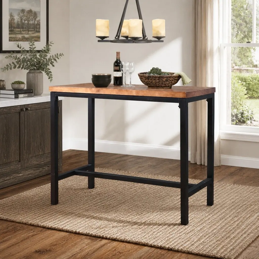 High Bar Table Solid Wood Steel Frame Industrial Cafe Kitchen Dining Furniture