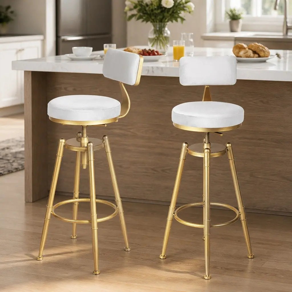 Bar Stools White Velvet Adjustable Height Swivel with Footrest