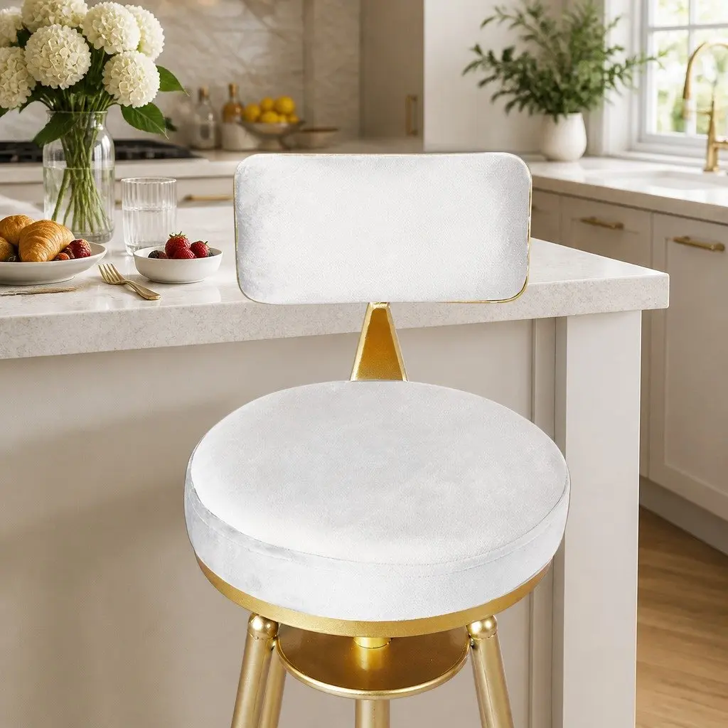 Bar Stools Swivel Kitchen Counter Height Chair Set White Velvet Footrest