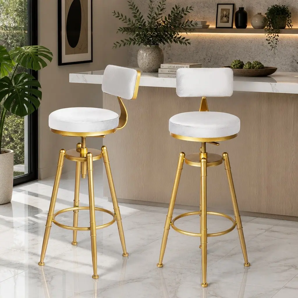 Bar Stools Swivel Kitchen Counter Height Chair Set White Velvet Footrest