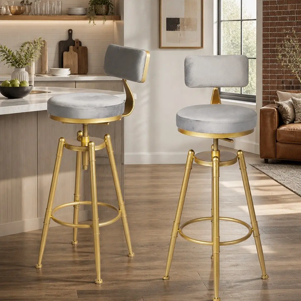 Bar Stools Kitchen Counter Height Swivel Chair Adjustable Grey Velvet Seat
