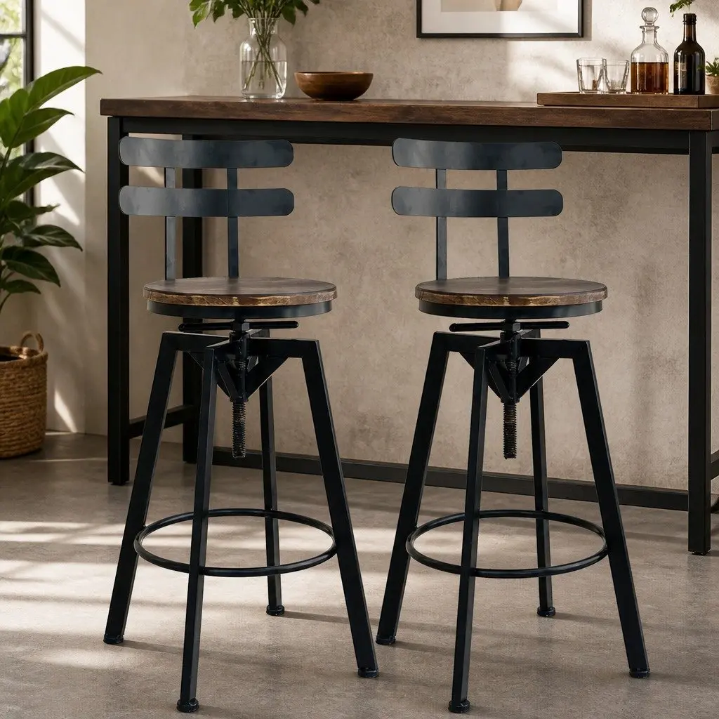Bar Stool Brown Adjustable Height 360 Swivel Metal Frame Solid Pine Wood Seat