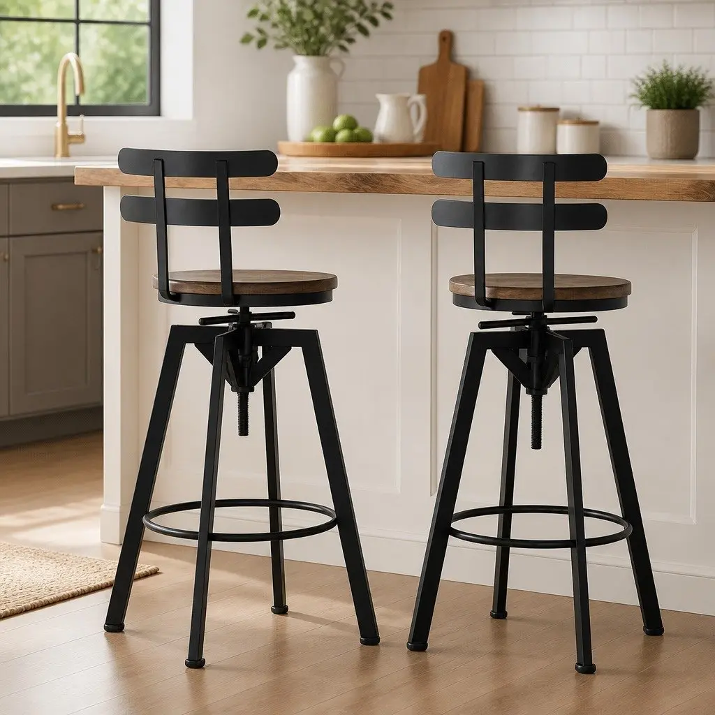 Bar Stool Brown Adjustable Height 360 Swivel Metal Frame Solid Pine Wood Seat