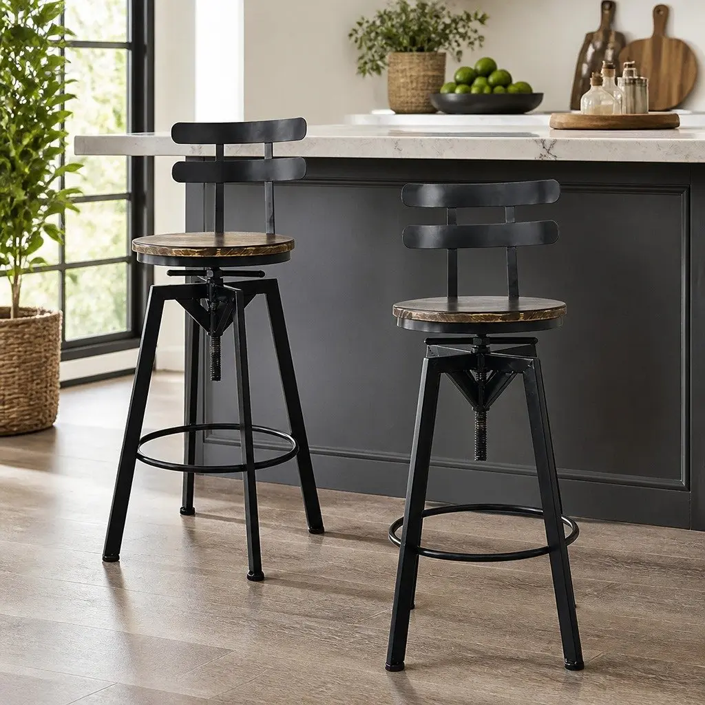 Bar Stool Brown Adjustable Height 360 Swivel Metal Frame Solid Pine Wood Seat