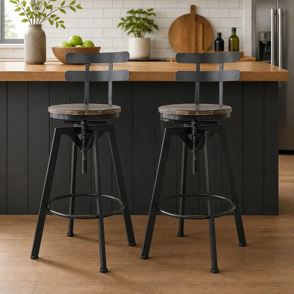Industrial Bar Stool Brown Adjustable Height 360 Swivel Pine Wood Set of 4