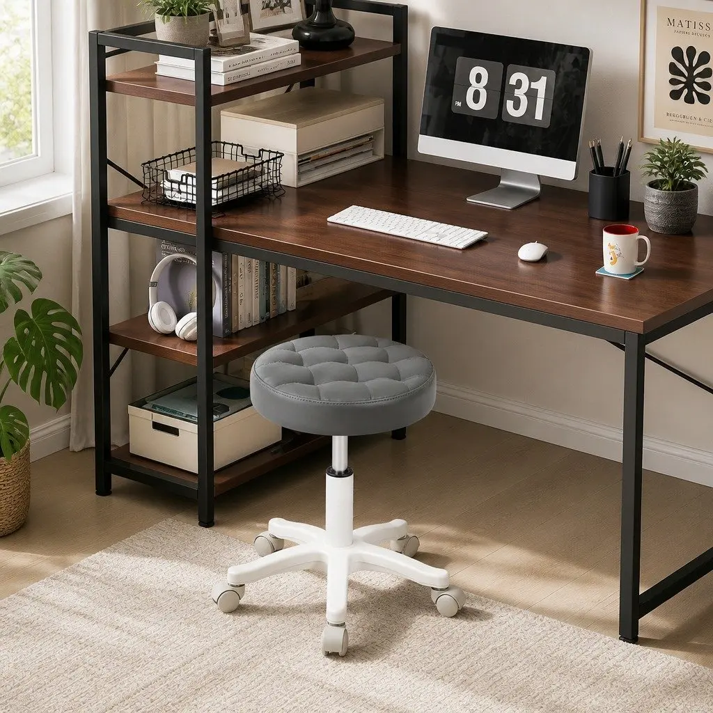 Rolling Bar Stool Grey Adjustable Height Swivel Chair with Casters