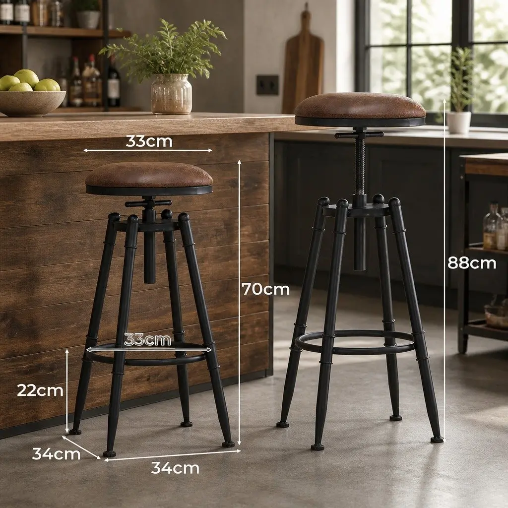 Industrial Bar Stools Set of 2 Vintage Adjustable Height Swivel Seat
