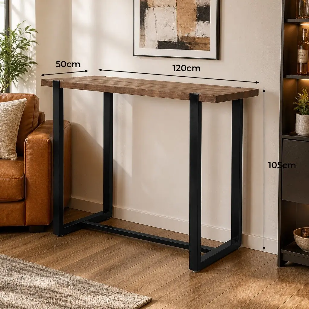 High Bar Table Industrial Pub Solid Pine Wood Tabletop Steel Frame Standing Desk