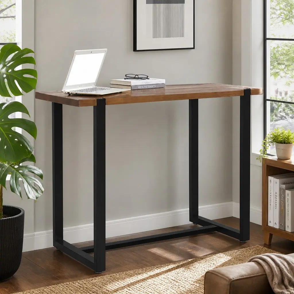 High Bar Table Industrial Pub Solid Pine Wood Tabletop Steel Frame Standing Desk