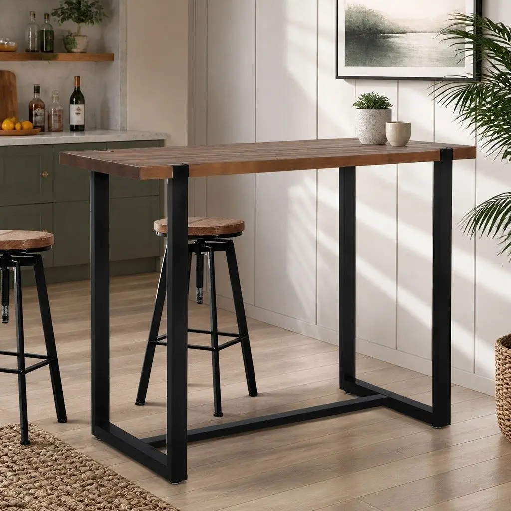 High Bar Table Industrial Pub Solid Pine Wood Tabletop Steel Frame Standing Desk