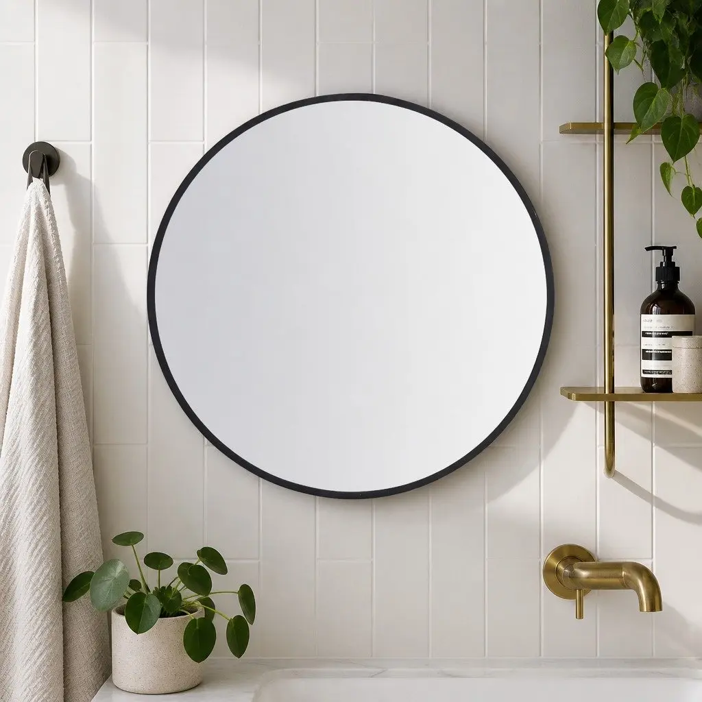 Round Wall Mirror Black X-Large Steel Frame 4mm Glass for Bathroom Makeup Home Living Room Decor