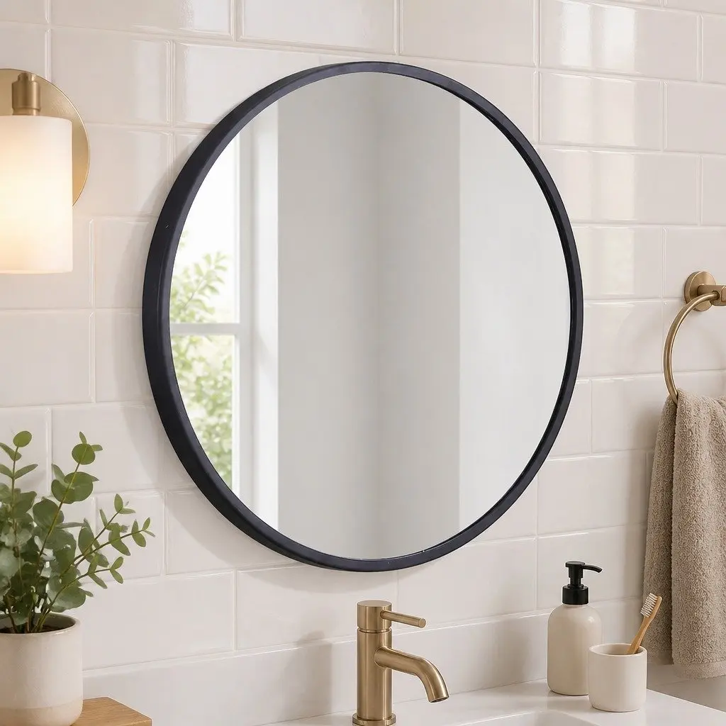Round Wall Mirror Black 50cm 60cm 70cm 80cm Rounded Steel Frame Self-Grooming Decor