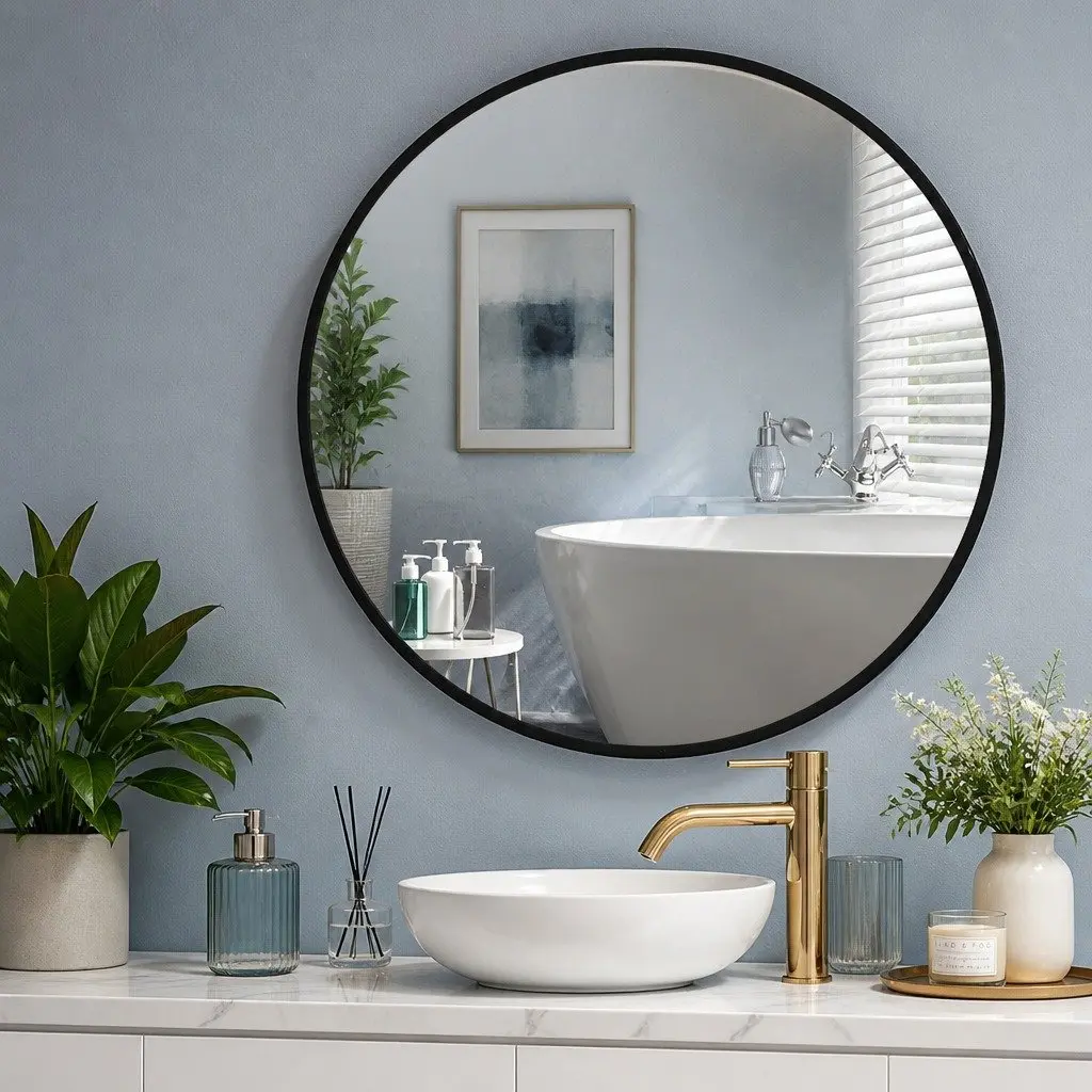 Round Wall Mirror Black 50cm 60cm 70cm 80cm Rounded Steel Frame Self-Grooming Decor