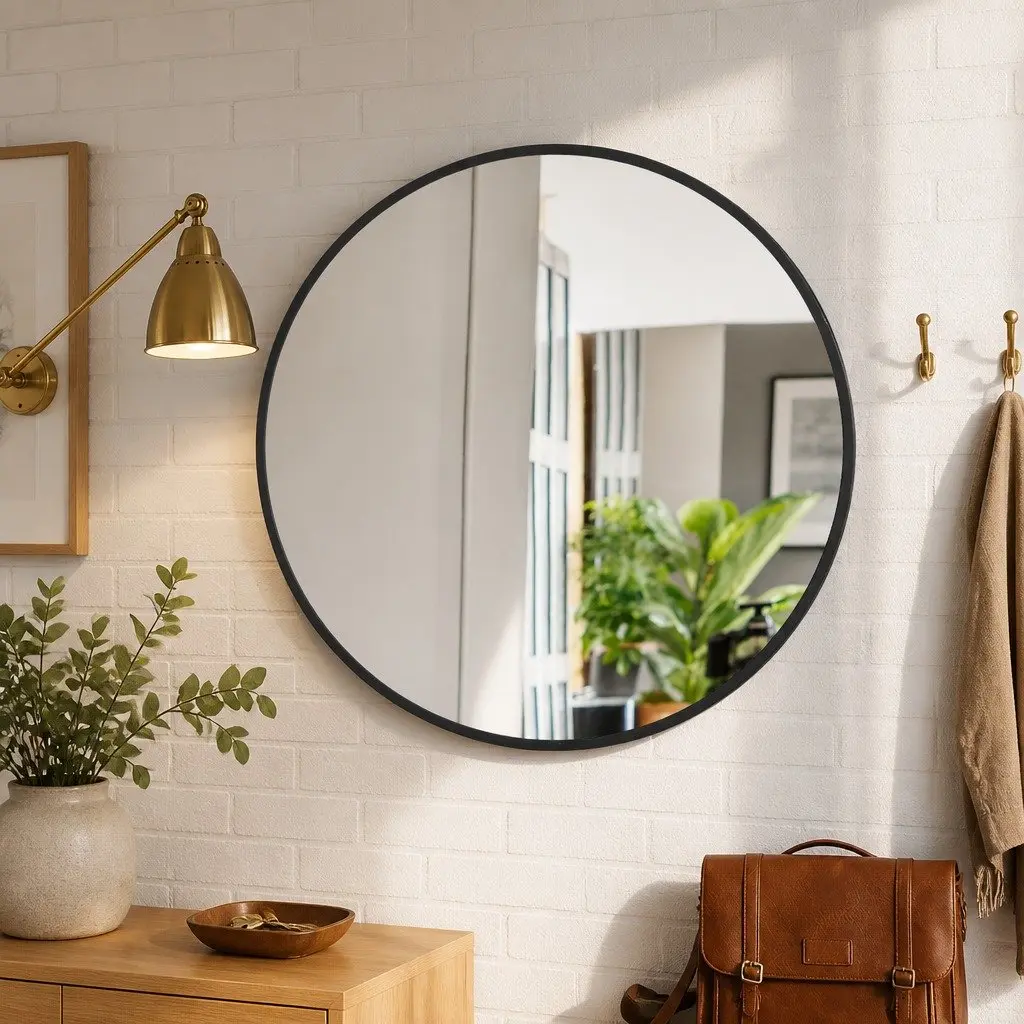 Round Wall Mirror Black 50cm 60cm 70cm 80cm Rounded Steel Frame Self-Grooming Decor