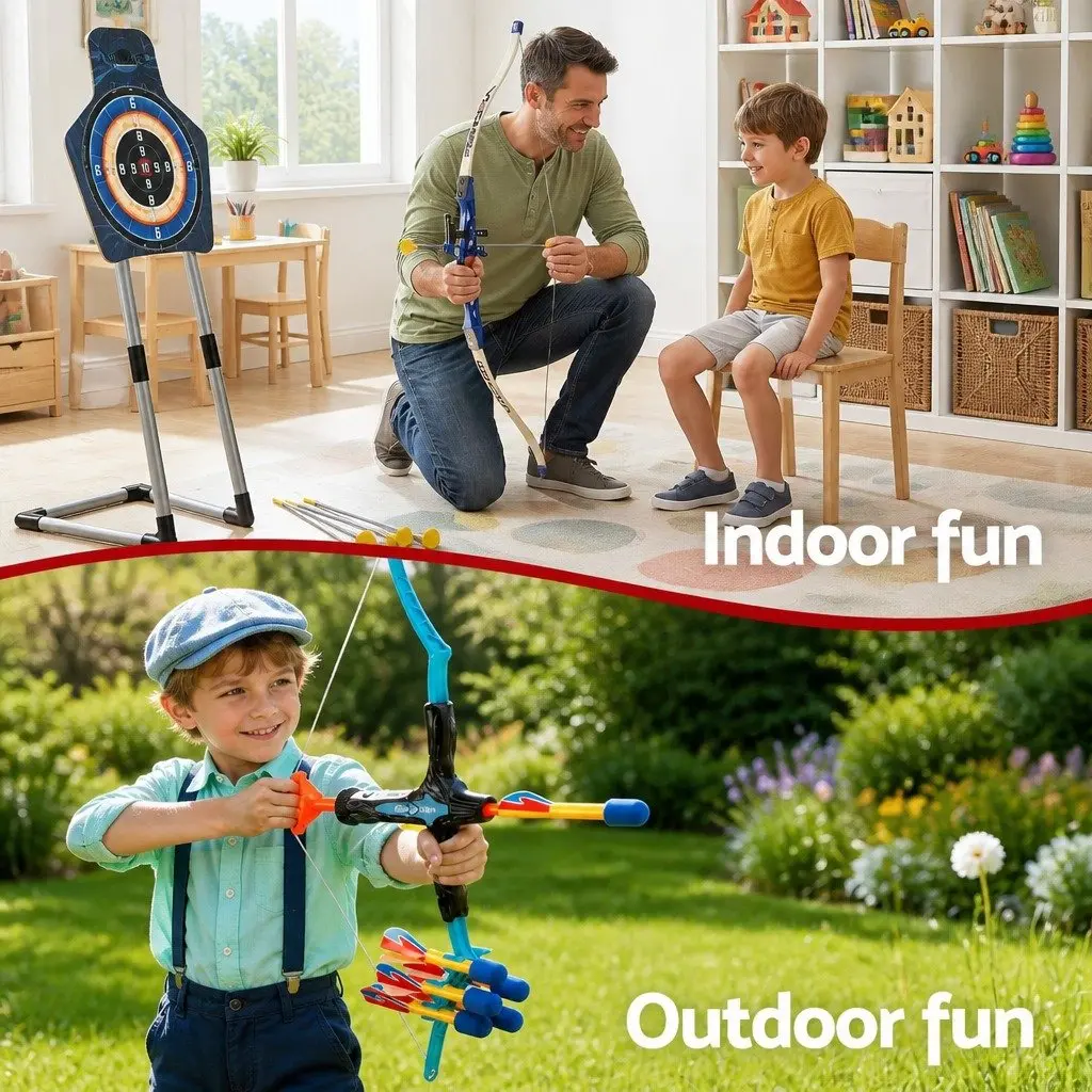 Kids Bow and Arrow Set Blue 81 cm Lightweight Portable for Indoor Outdoor Activity Game
