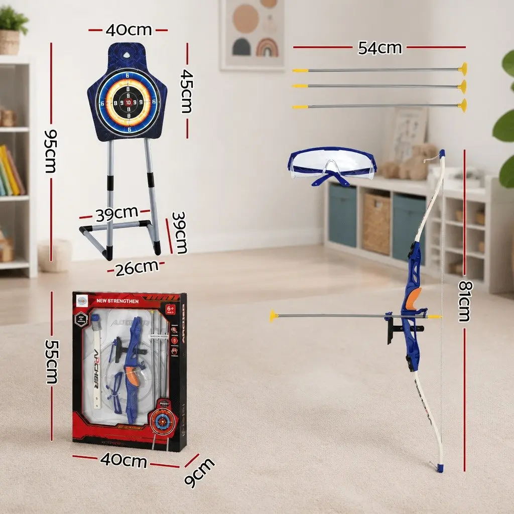 Kids Bow and Arrow Set Blue 81cm Indoor Outdoor Toy Archery with Standing Target and Suction Cup Arrows