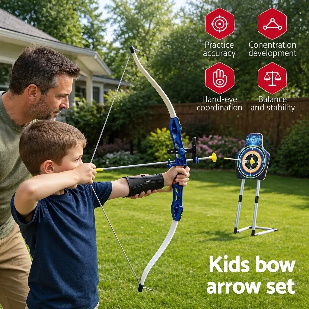 Kids Bow and Arrow Set Blue 81cm Indoor Outdoor Toy Archery with Standing Target and Suction Cup Arrows