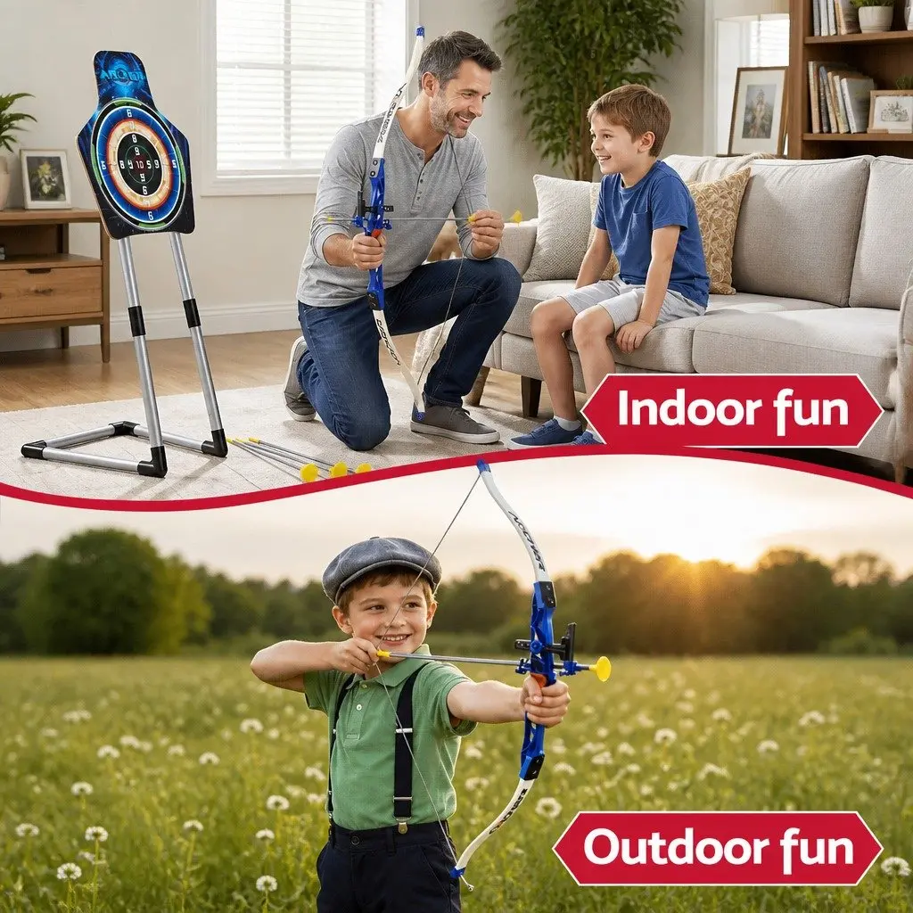 Kids Bow and Arrow Set Blue 81cm Indoor Outdoor Toy Archery with Standing Target and Suction Cup Arrows
