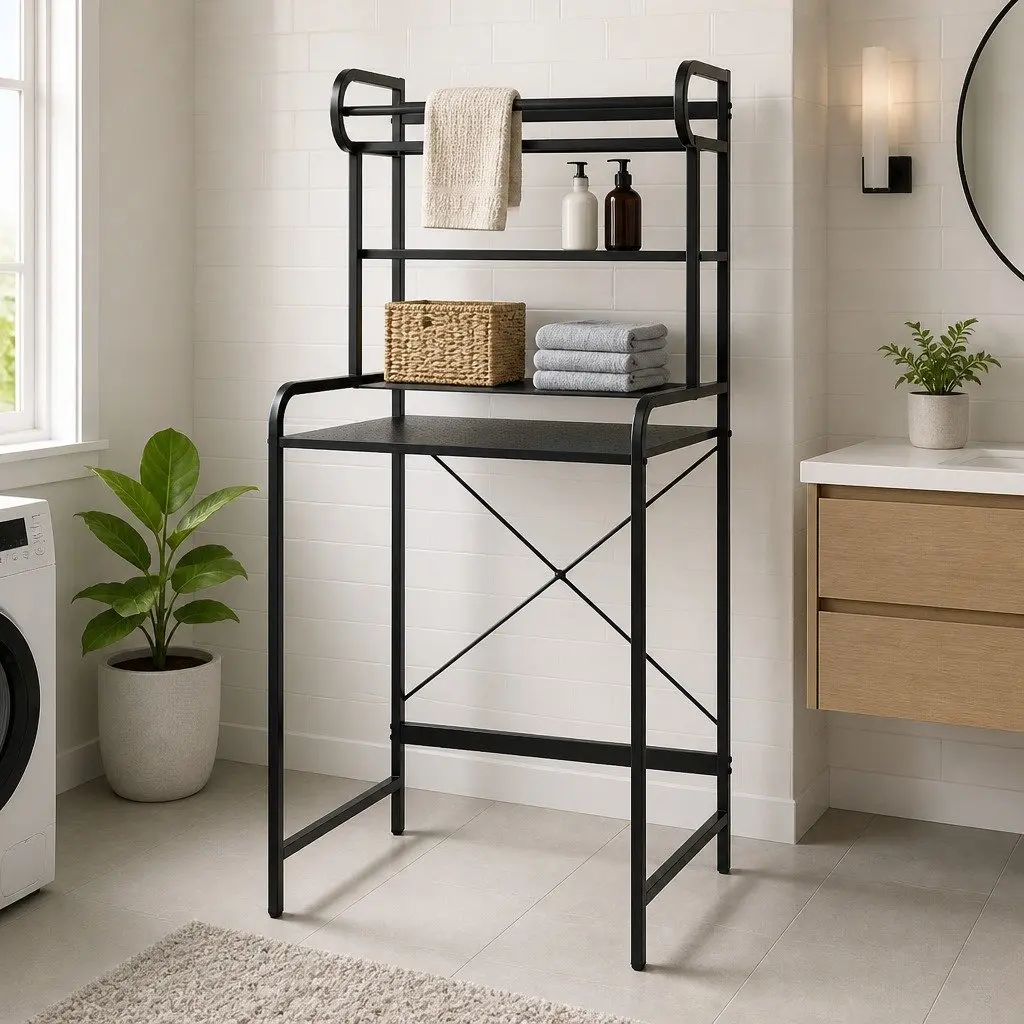 Bathroom Storage Shelf Black 3 Tier Over Washing Machine Organizer with Towel Rack