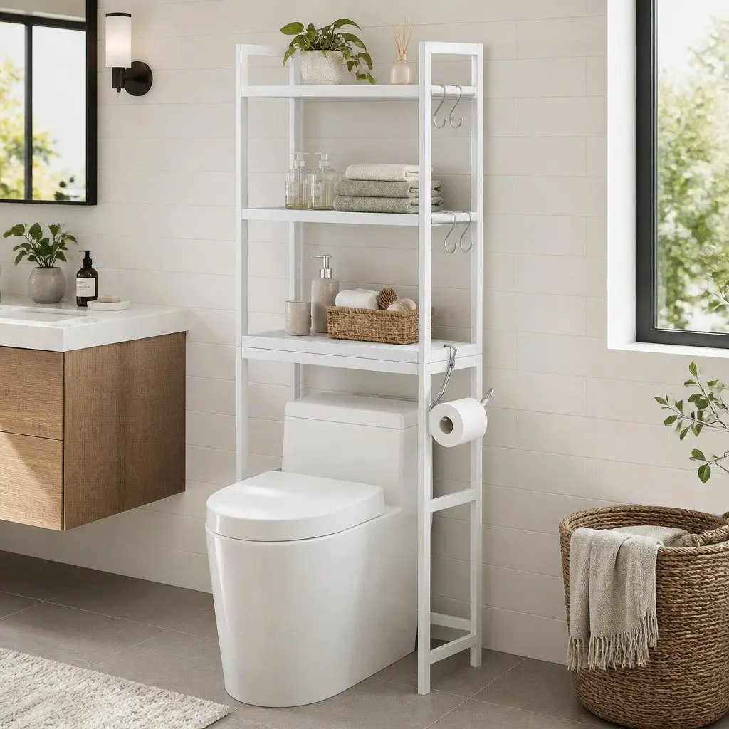 Over Toilet Storage Rack White 3 Tier Space Saving Bathroom Organiser