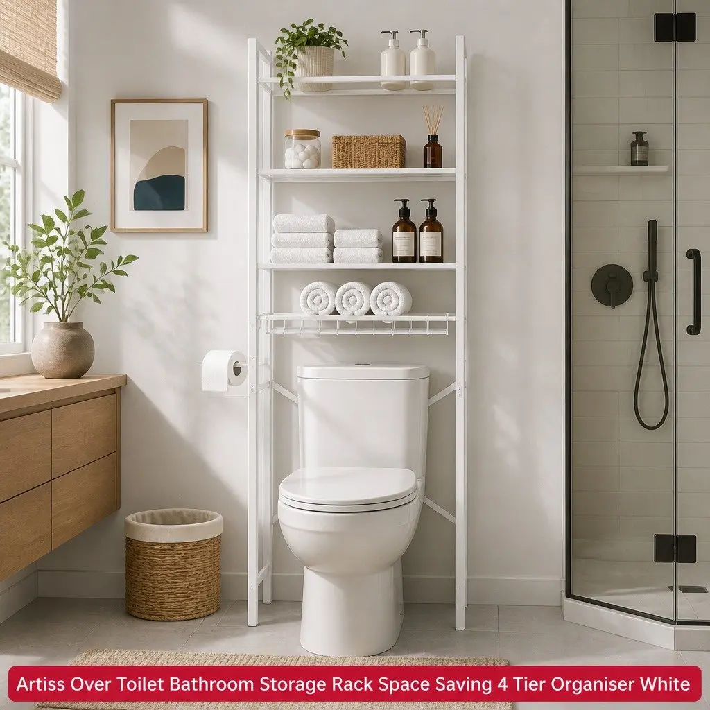 Over Toilet Storage Rack Black 4 Tier Organiser Space Saving Shelves