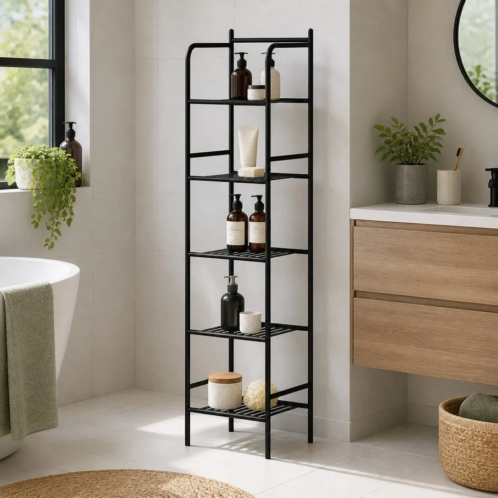 5 Tier Corner Shower Caddy Black Floor Standing Bathroom Storage Organizer