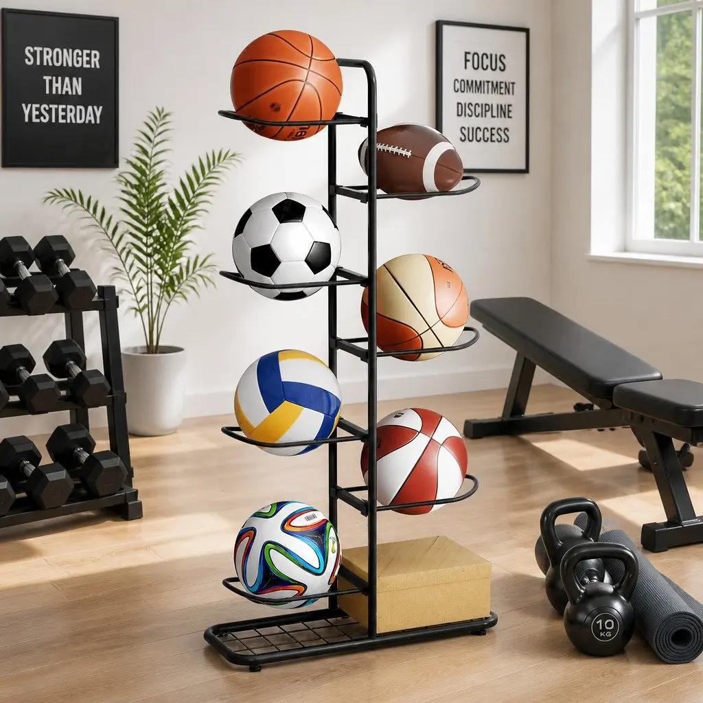 Ball Storage Rack Black 7-Tier Sports Equipment Organizer Holder for Garage Gym