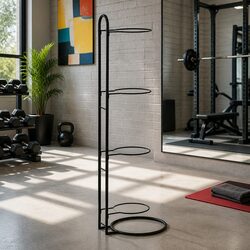 4-Tier Sports Equipment Organizer Rack - Black, Compact Design