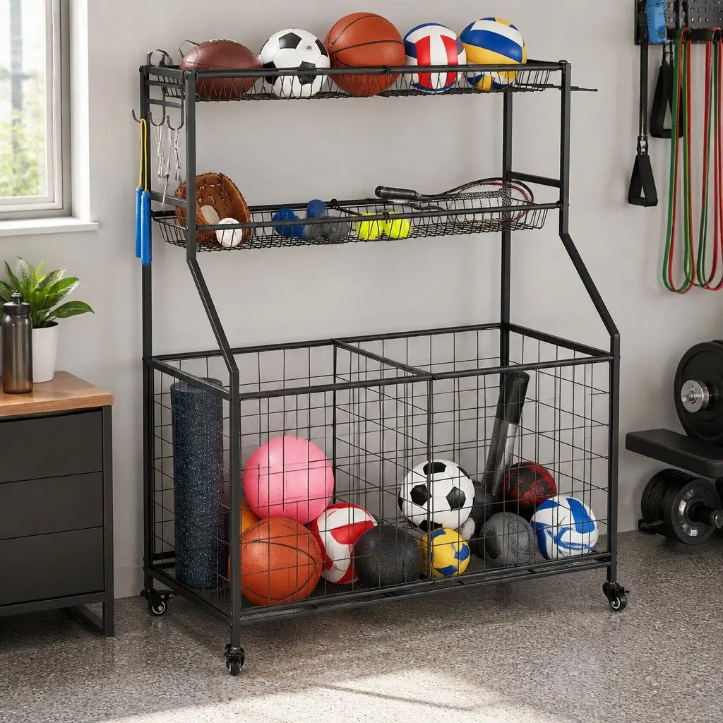 Sports Equipment Organizer Black 92 x 43 x 116cm Multi-Sport Storage Cabinet with Wheels
