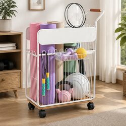 Yoga Mat Storage Rack Mobile Organizer with Wheels Basket Fitness Home Gym