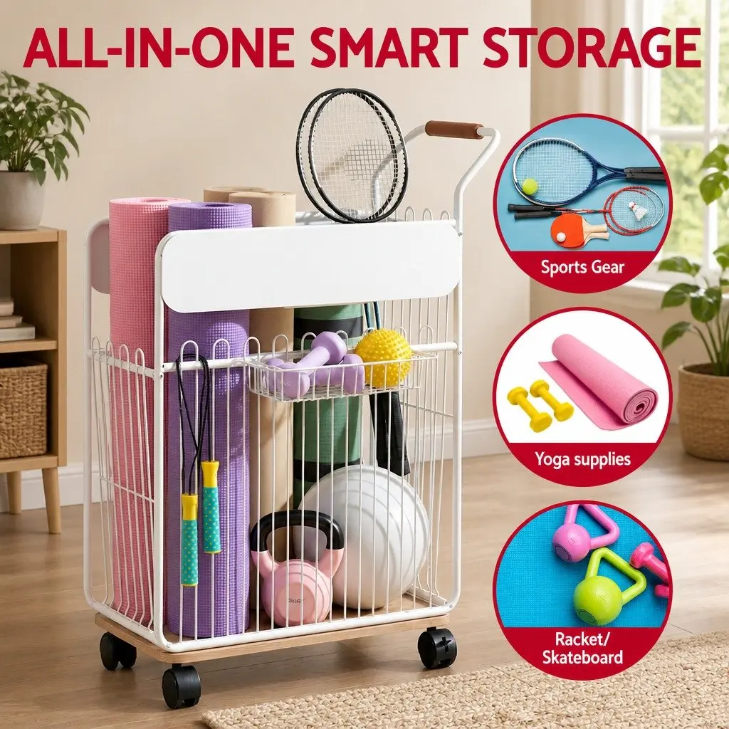 Yoga Mat Storage Rack Black Mobile Organizer with Wheels Removable Hooks and Basket