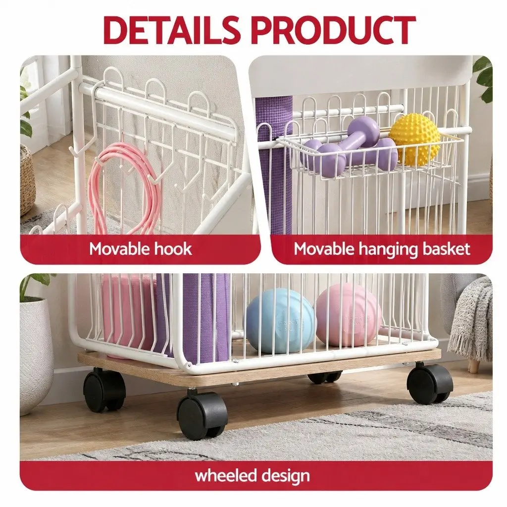 Yoga Mat Storage Rack Black Mobile Organizer with Wheels Removable Hooks and Basket