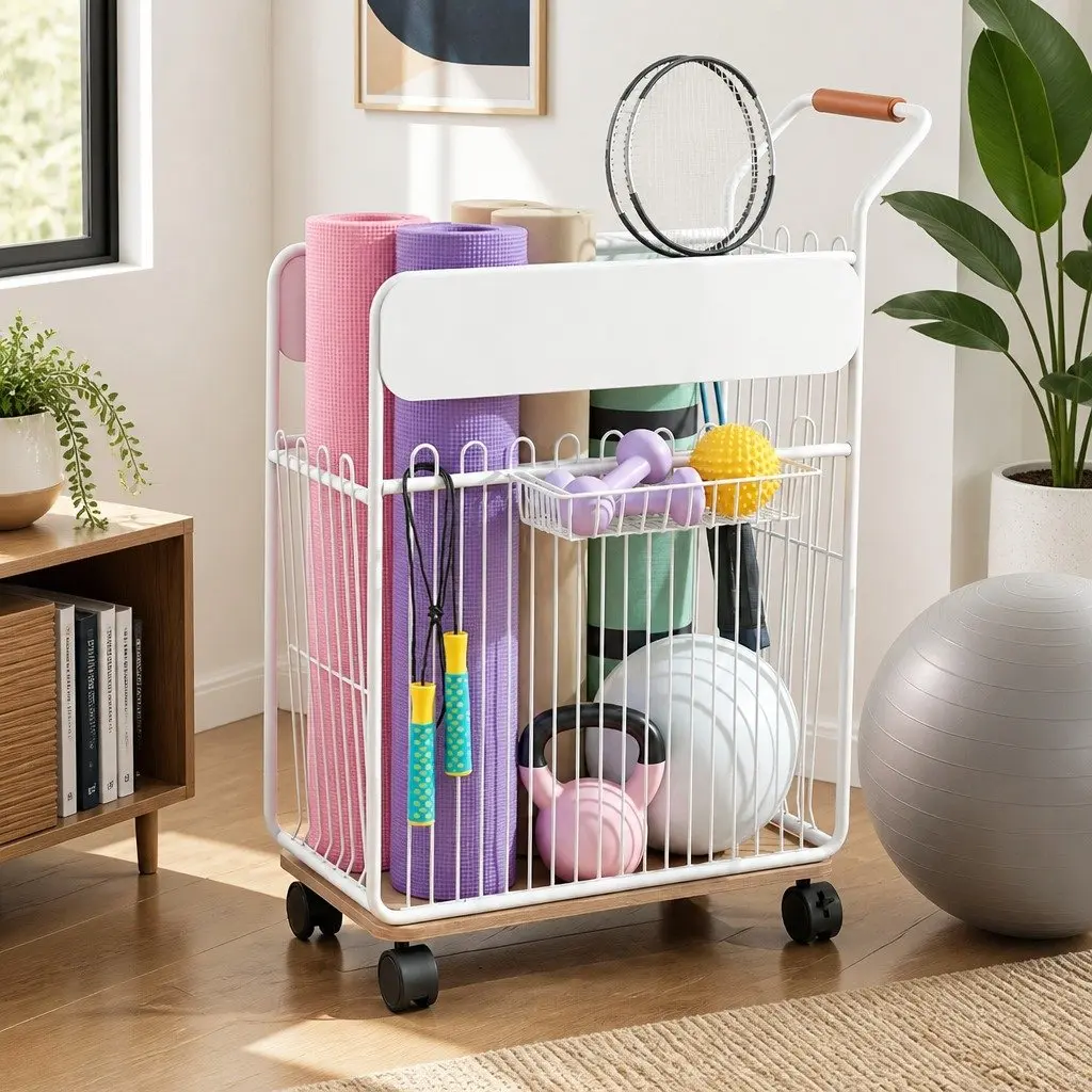 Yoga Mat Storage Rack Black Mobile Organizer with Wheels Removable Hooks and Basket