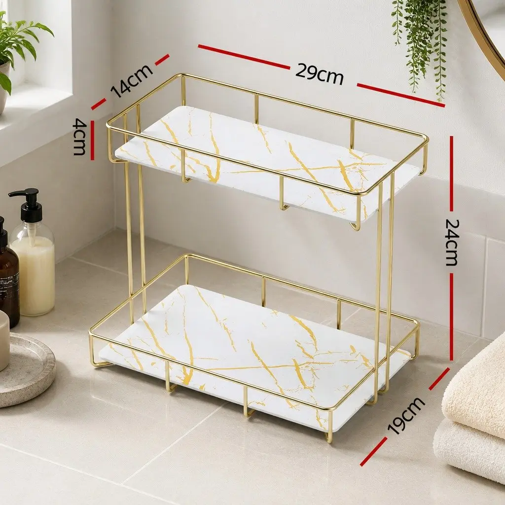 2 Tier Bathroom Corner Storage Rack Organiser Gold Marble Design Towel Holder