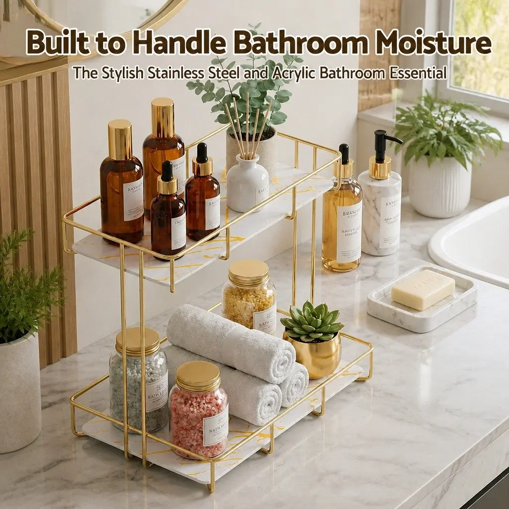 2 Tier Bathroom Corner Storage Rack Organiser Gold Marble Design Towel Holder