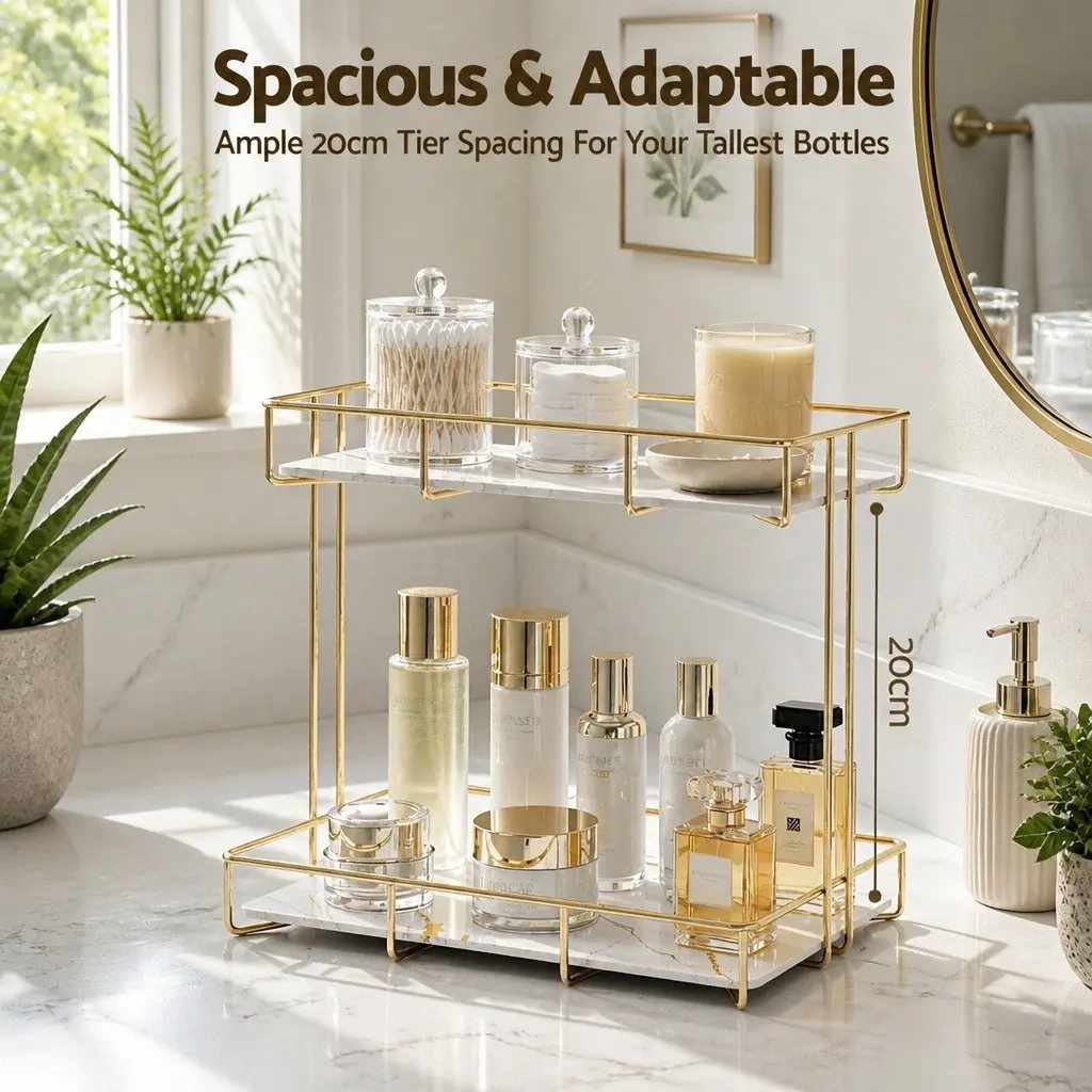 2 Tier Bathroom Corner Storage Rack Organiser Gold Marble Design Towel Holder