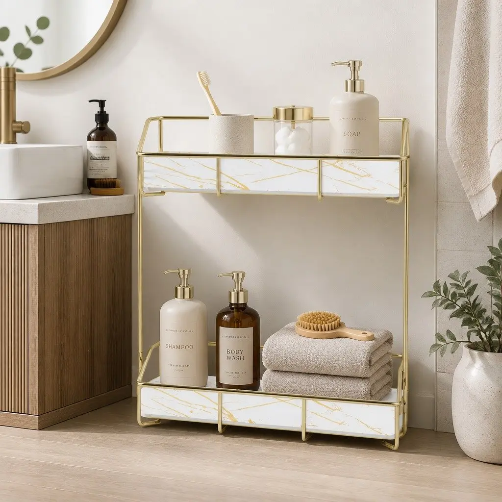 Bathroom Storage Rack 2 Tier Corner Organiser Gold Marble Look Towel Holder