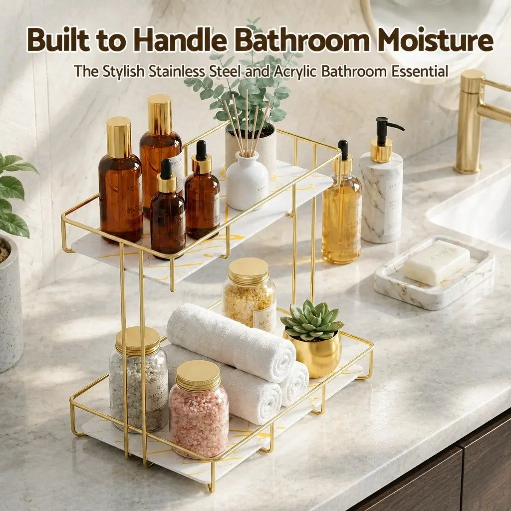 Bathroom Storage Rack 2 Tier Corner Organiser Gold Marble Look Towel Holder