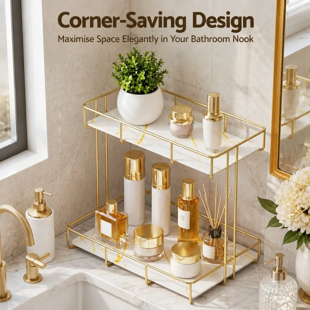 Bathroom Storage Rack 2 Tier Corner Organiser Gold Marble Look Towel Holder
