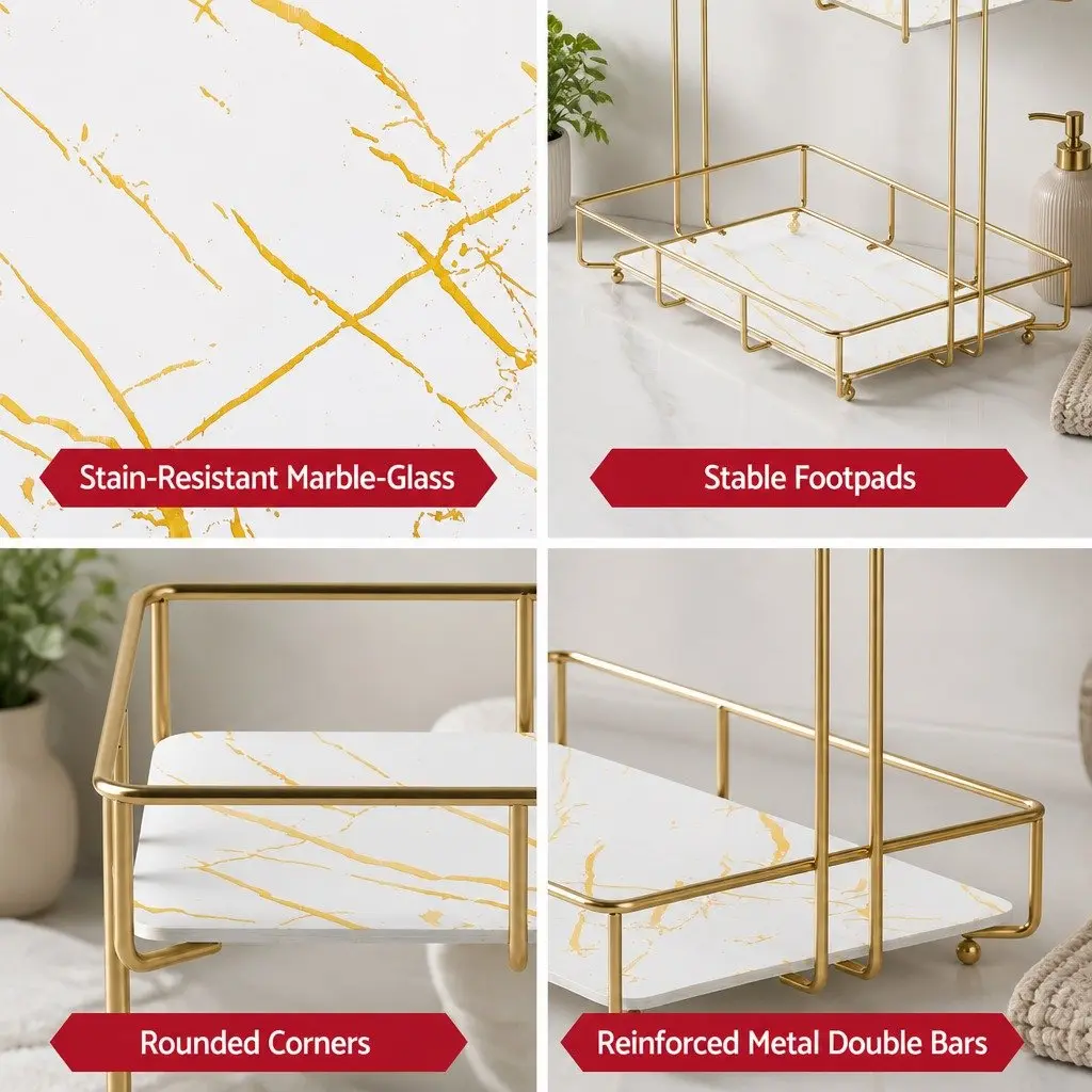 Bathroom Storage Rack 2 Tier Corner Organiser Gold Marble Look Towel Holder